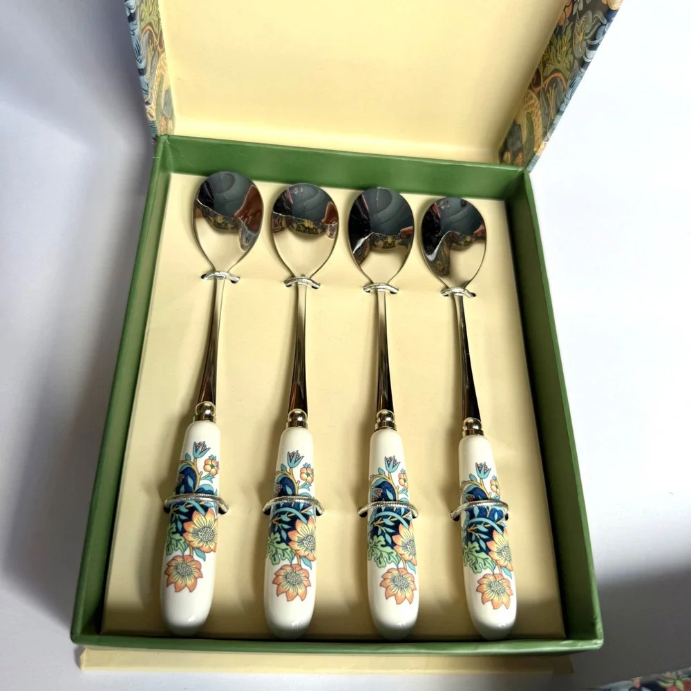 Spode Morris & Co Strawberry Thief Teaspoons & Cake Slice Set NIB Blue Floral